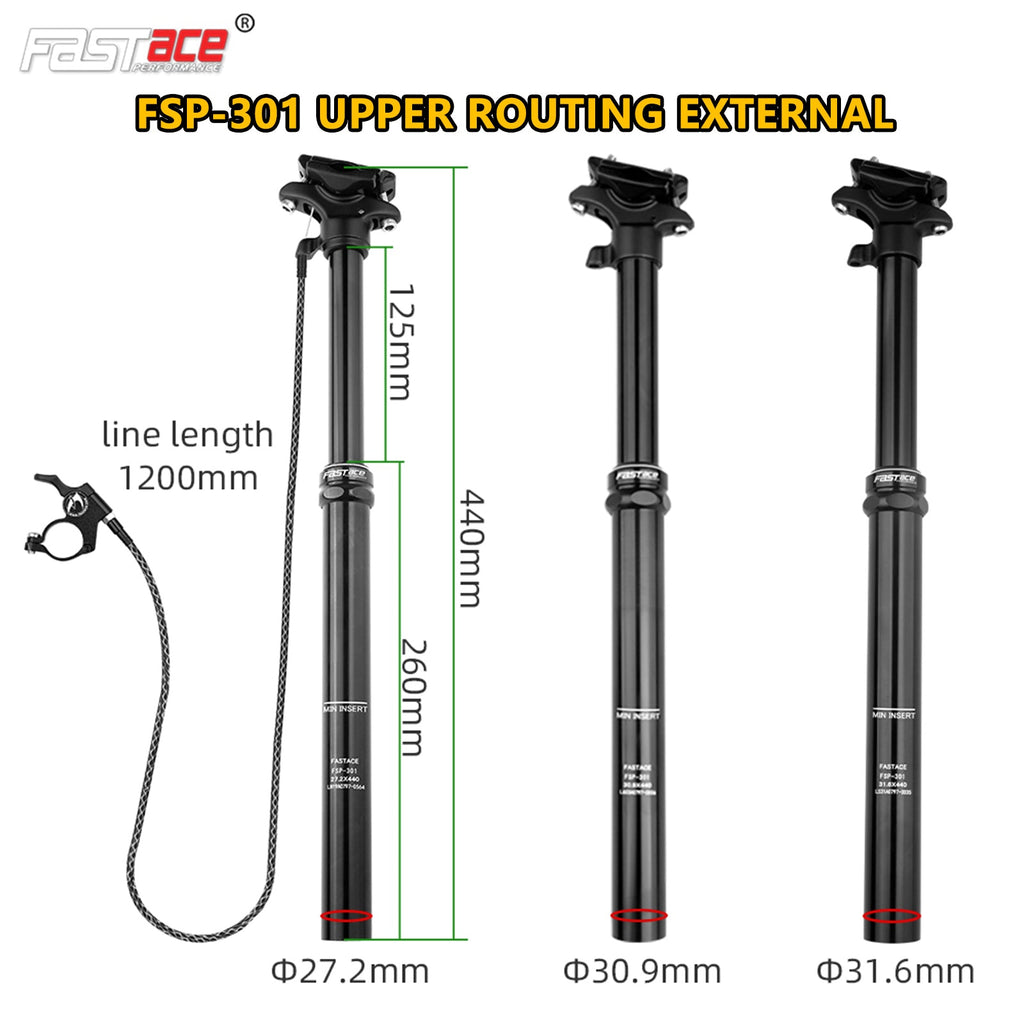 FASTACE Dropper Seatpost MTB 125mm Travel 27.2/30.9/31.6mm Internal External Cable Routing Remote